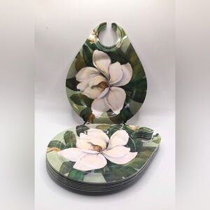 Set of 8, Retro Melamine Plates Magnolia Bloom & Leaves with Wineglass Holder